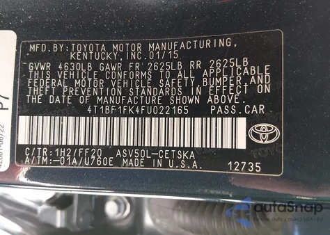 2015 Toyota Camry Se from USA, damaged, VIN 4T1BF1FK4FU022165